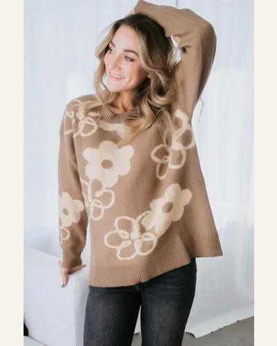 Pullover Sweater Tops Basic Camel Floral Drop Shoulder, view 4