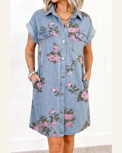 Floral Cuffed Short Sleeve Button Down Denim Dress, view 4
