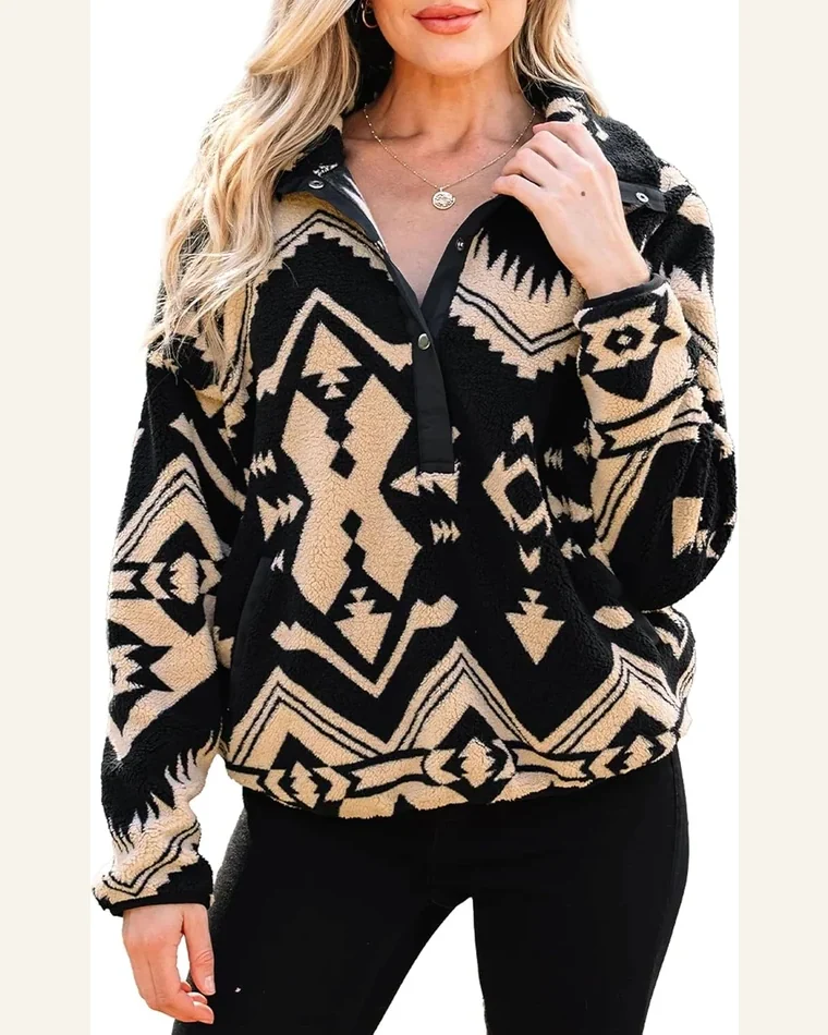 Aztec Sweatshirt Half Placket Fleece Long Sleeve Tops by SELINK