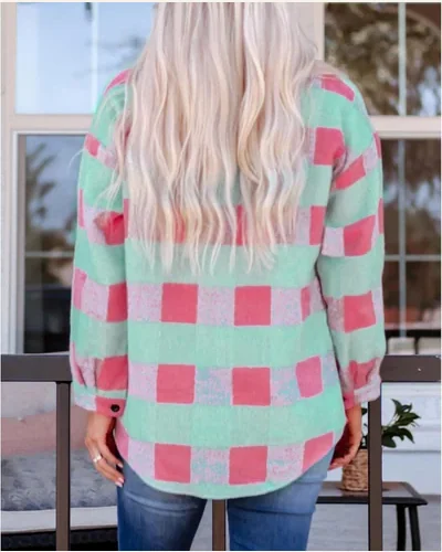 Casual Plaid Shacket Button Down Long Sleeve Shirts, view 2