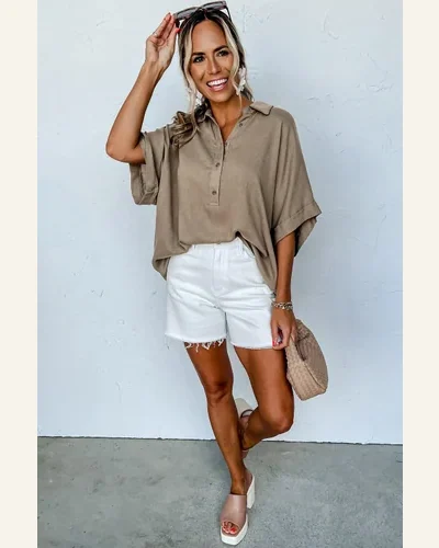 Short Sleeve T Shirt Casual Simply Taupe Collared, view 4