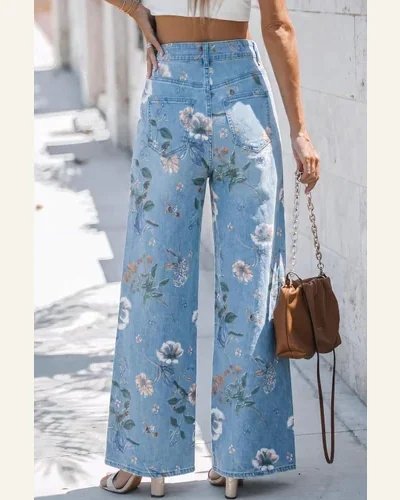 High Waisted Jeans Sky Blue Retro Floral Frayed, view 2