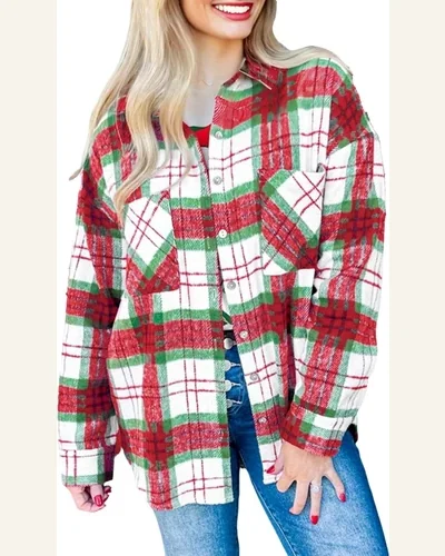 Plaid Flannel Shacket Long Sleeve Button Down Christmas, view 1