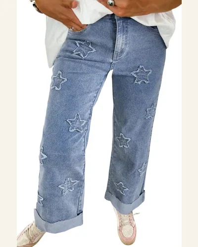 Casual Dusk Blue Foiled Star Patchwork Jeans, view 1