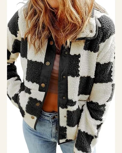 Casual Black Checkerboard Shacket Jacket Snap Button Boucle, view 1