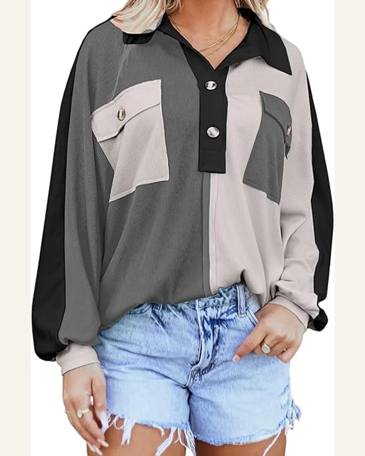 Casual Gray Oversized Sweatshirt Patchwork Color Block Long by SELINK