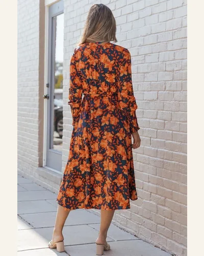 Fall Dresses Casual Orange Floral Print Faux Wrap, view 2