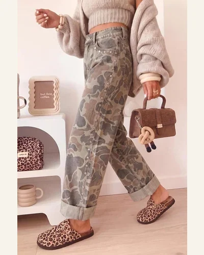 Camouflage Jeans Studded Straight Loose Pants Multicolour 4, view 3