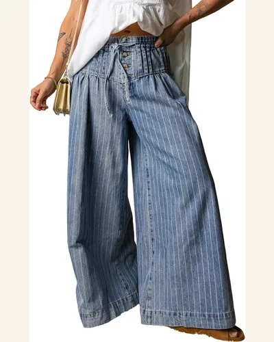 Casual Sky Blue Stripe Button Pleated Jeans Drawstring, view 1