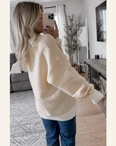 Casual Oatmeal Contrast Ribbed Pullover Sweater Henley Button, view 2