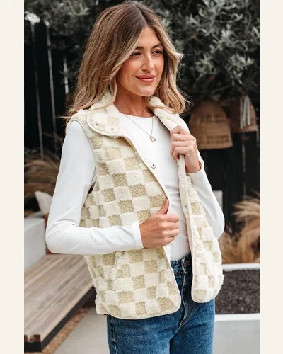 Casual Khaki Checkerboard Jacket Snap Button Vest Jacket, view 3