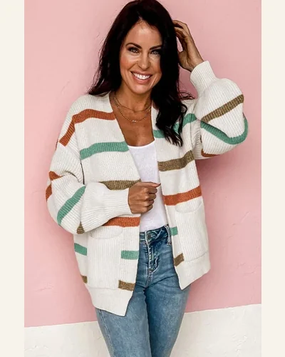 Cardigan Sweater Casual Beige Drop Shoulder Pocketed Stripe, view 3