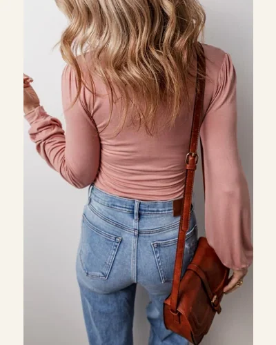 Bodysuit Casual Fuchsia Plain V neck Long Sleeve, view 2