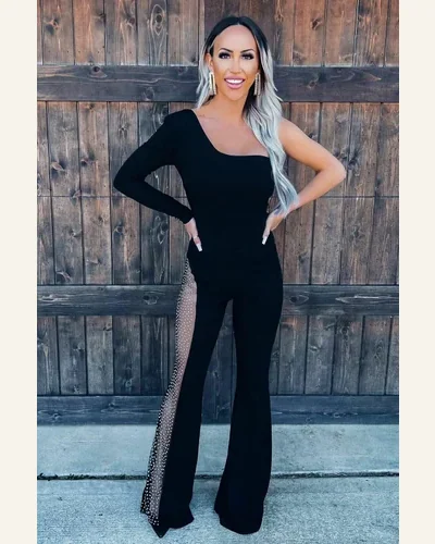 Jumpsuits Long Sleeve Black One-shoulder Gem Rhinestone Accent, view 3