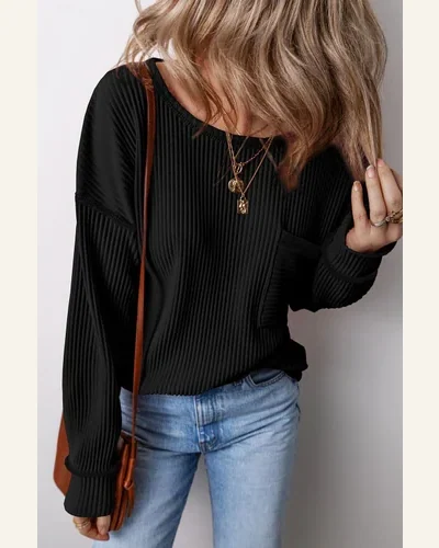 Tunic Tops Casual Black Solid Color Corded Drop, view 3