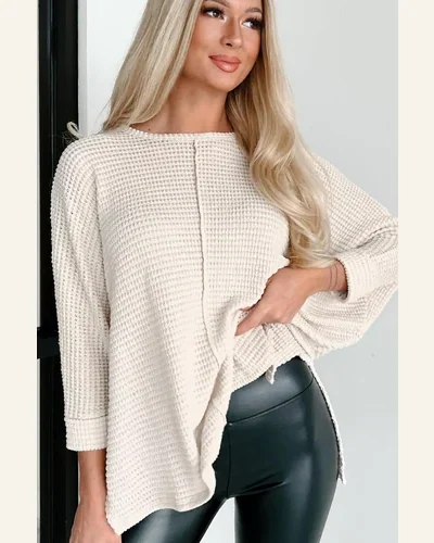 Tunic Tops Casual Apricot Waffle Knit Splits Batwing, view 4