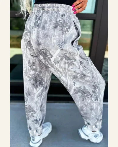Casual Gray Camo Print Pants Drawstring Elastic Waist, view 2
