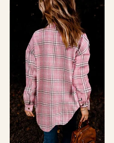 Shacket Jacket Casual Pink Plaid Pattern Buttoned Shirt, view 2