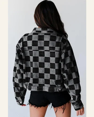 Casual Black Checkered Denim Jean Jacket Patchwork Button, view 2