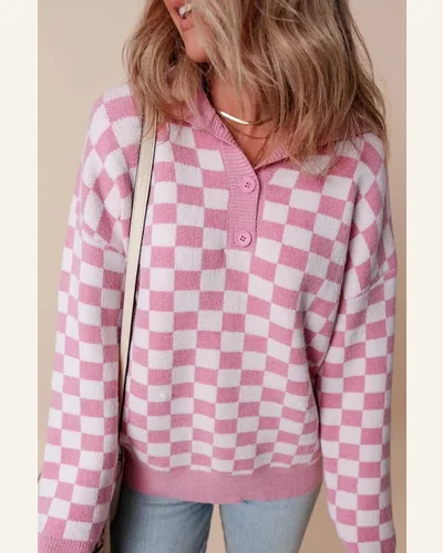 Casual Pink Checkered Buttons Collar V Neck Drop Sweater, view 3