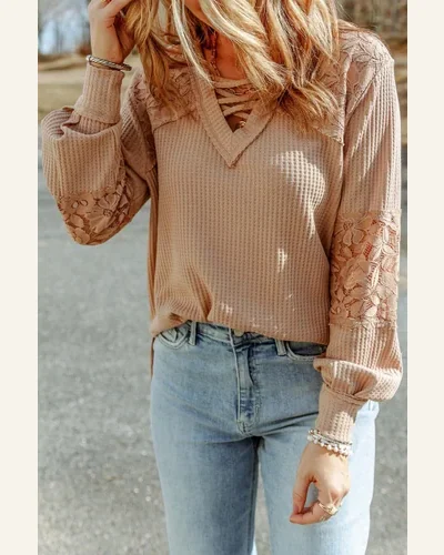 Tunic Tops Casual Apricot Lace Waffle Patchwork Strappy, view 3