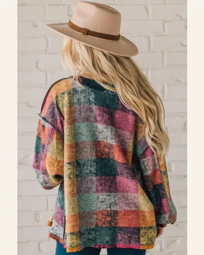 Shacket Jacket Casual Multicolor Brushed Checked Western Buttoned, view 3