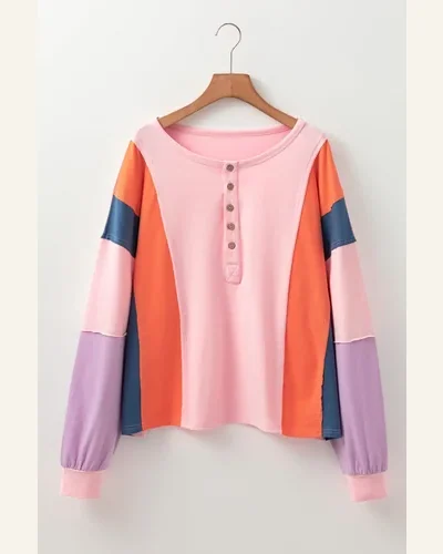 Tunic Tops Casual Pink Colorblock Long Sleeve Buttons, view 4