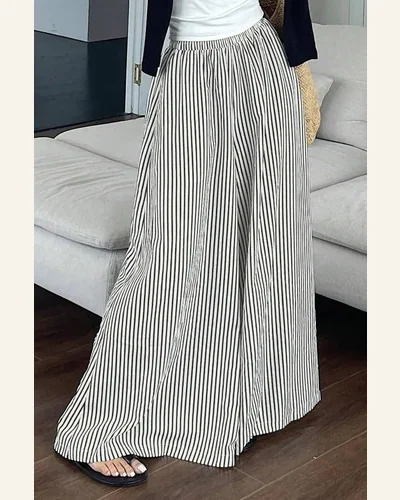 Casual Loose Black Stripe Elastic High Waist Pants, view 3