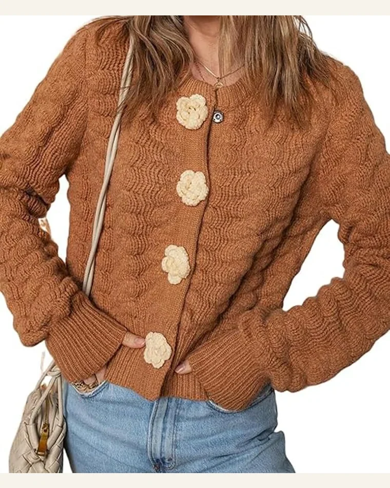 Casual Cardigan Sweater Chestnut 3D Flower Snap Button by SELINK