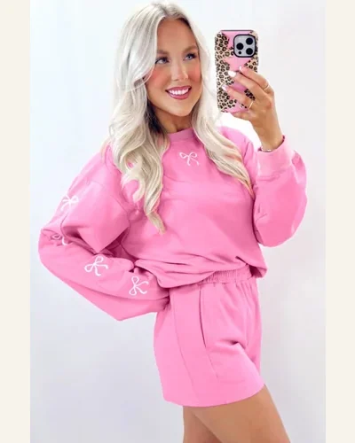 Casual Light Sachet Pink Bow Embroidered Puff Sleeve Sweater, view 2