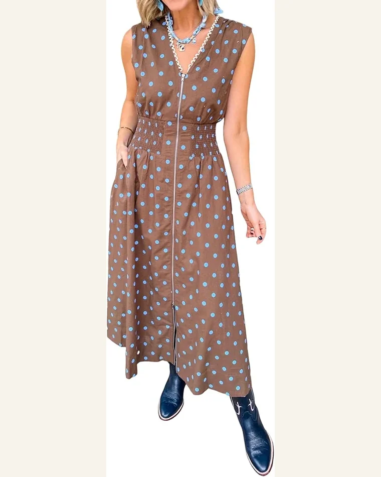Casual Brown Polka Dot Print Contrast Trim Zip Dress by SELINK