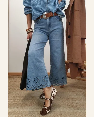 Casual High Waisted Jeans Embroidered Cropped Wide Leg, view 2