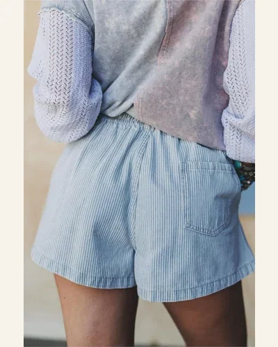 Casual Sky Blue Stripe Drawstring Denim Shorts, view 2
