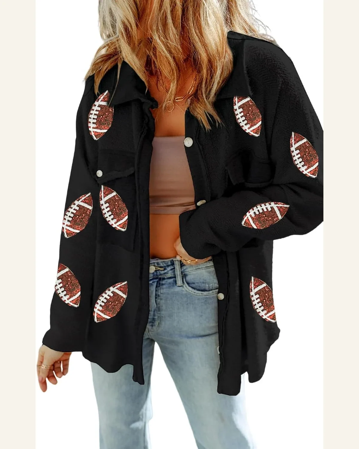 Shacket Jacket Casual Black Sequined Rugby Flap Pockets by SELINK