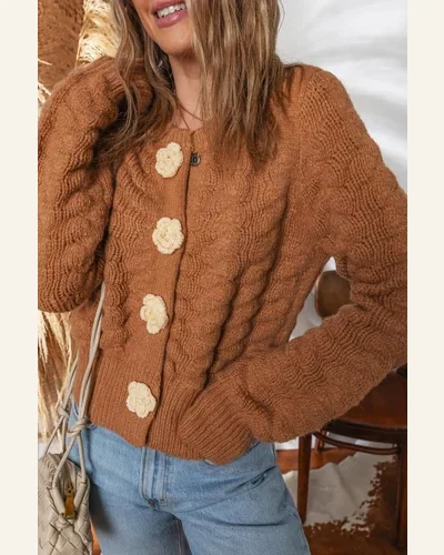 Casual Cardigan Sweater Chestnut 3D Flower Snap Button, view 4