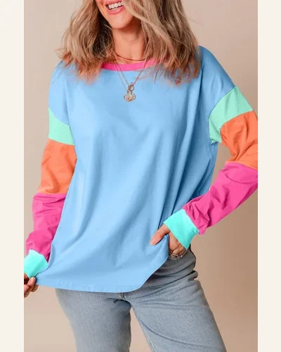 Tunic Tops Casual Dark Blue Colorblock Patchwork Long, view 3
