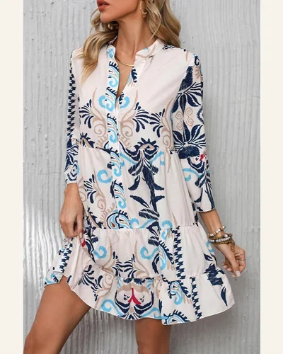 Long Sleeve Dresses Casual V Neck Tribal Mini, view 3