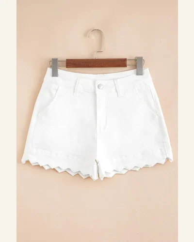 Casual White Scalloped Hemline Acid Wash Denim Shorts, view 3