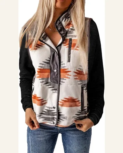 Fleece Vest Aztec Sleeveless Snap Button Down Jacket, view 4