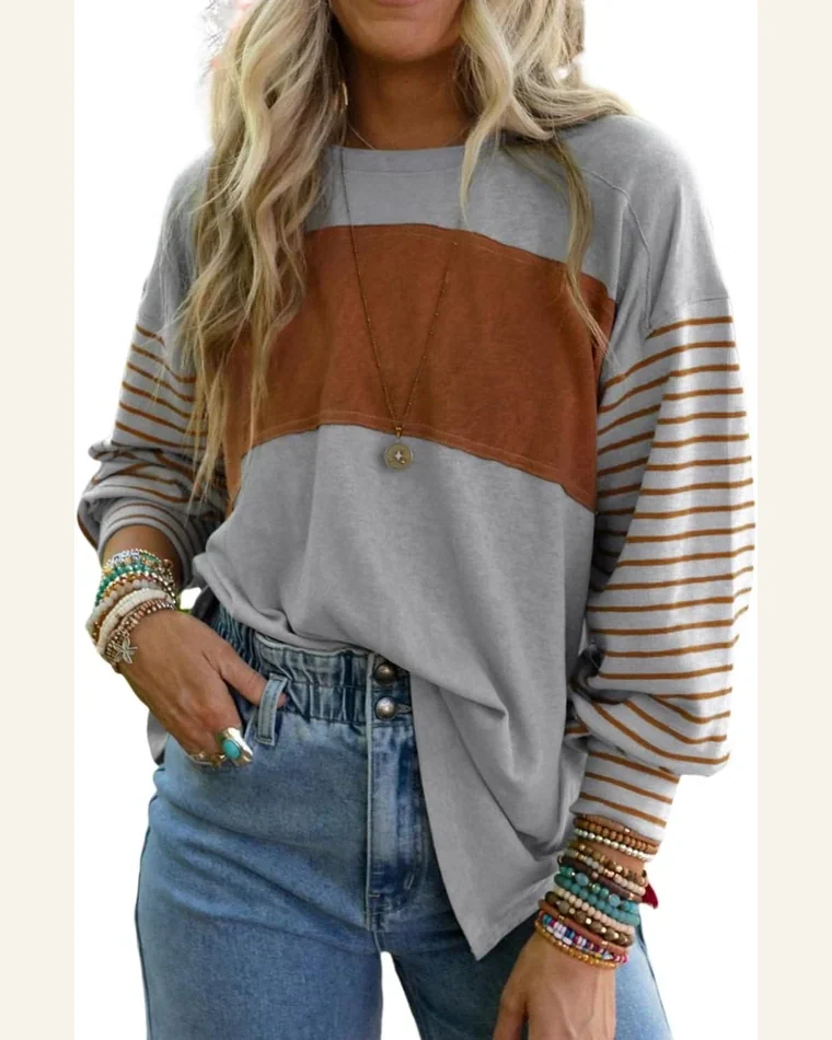 Tunic Tops Casual Gray Colorblock Striped Bishop Sleeve by SELINK