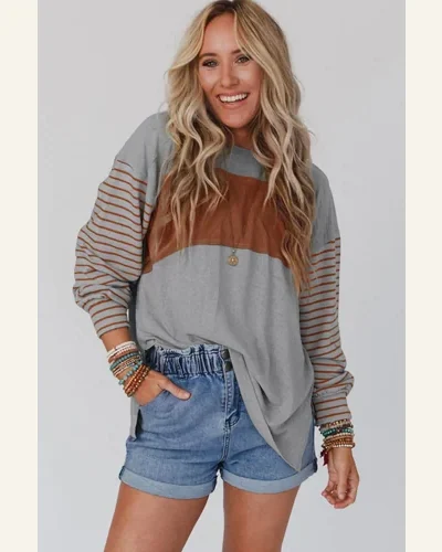 Tunic Tops Casual Gray Colorblock Striped Bishop Sleeve, view 4