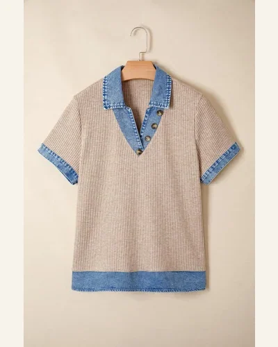 Denim Patchwork Tunic Top Ribbed Knit Button Blouse, view 3