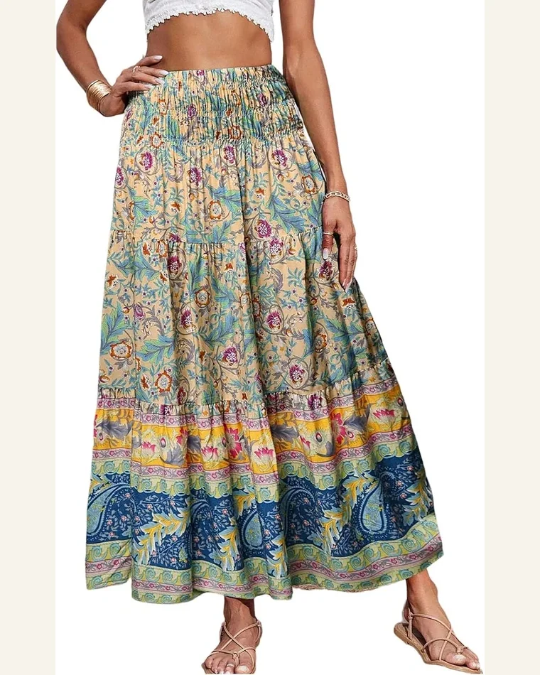 Summer Elastic High Waist Boho Maxi Skirt Pleated by SELINK