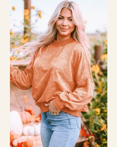 Casual Drop Shoulder Pullover Sweatshirts Solid Long Sleeve, view 3