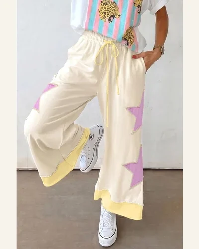 Summer Color Block Star Patchwork Palazzo Wide Leg Pants, view 2