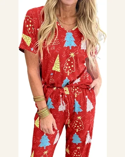 Pajamas Christmas Tree Print V Neck Tee, view 1