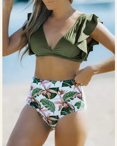 Ruffle High Waist Swimsuit V Neck Trim Floral, view 3