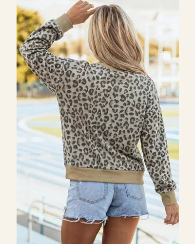 Casual Leopard Print T Shirts Mock Neck Long, view 2