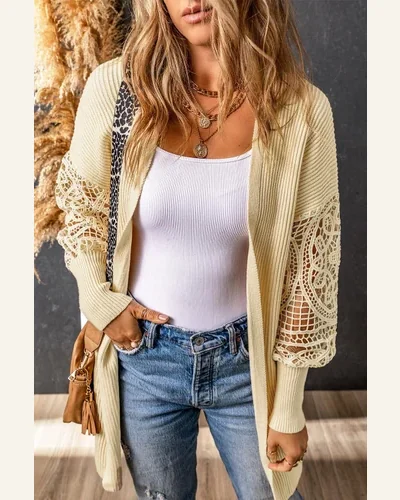 Cardigan Sweater Casual Apricot Crochet Lace Sleeve Ribbed, view 4