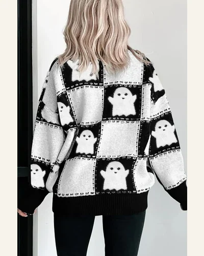 Casual Black Halloween Ghost Pullover Sweater Tops Checkered, view 2